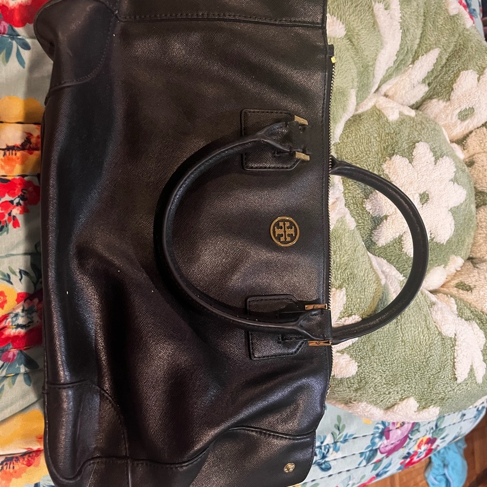 Tory Burch Black Leather Tote with Gold Accents